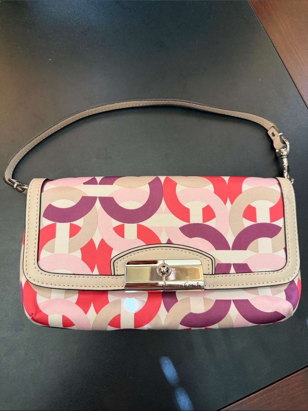 Coach Pink Red Purple Geometric Wristlet with Beige Trim